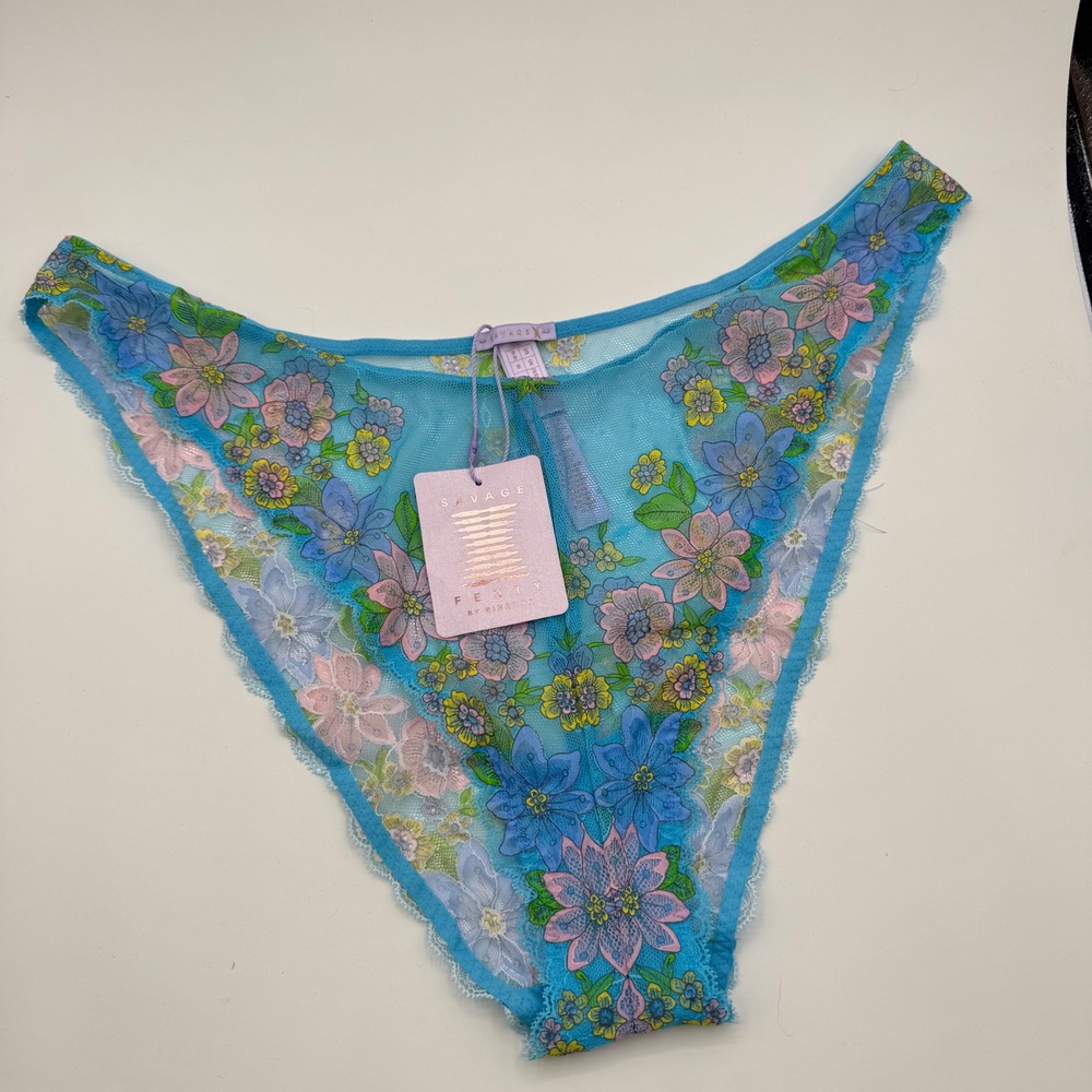 Savage X Fenty Floral Lace Mesh Bikini Panties Blue Pink 2X NWT